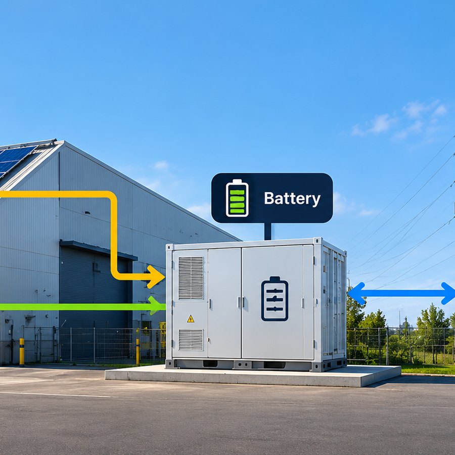 Commercial battery connected to solar, site load and the grid