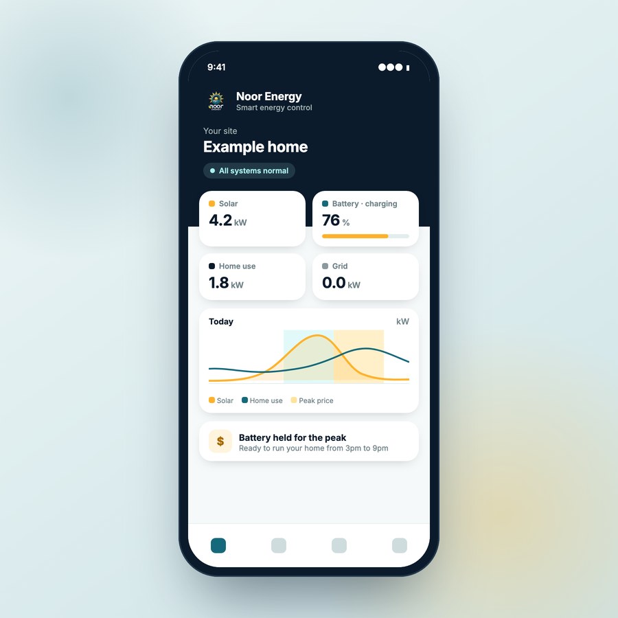 Noor Energy app showing solar, battery, home use and grid